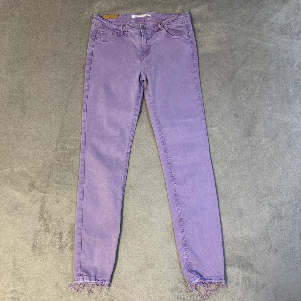 Zara Purple Pants Skinny Jeans Raw Hem Distressed Lilac Denim Low Rise Women's 8